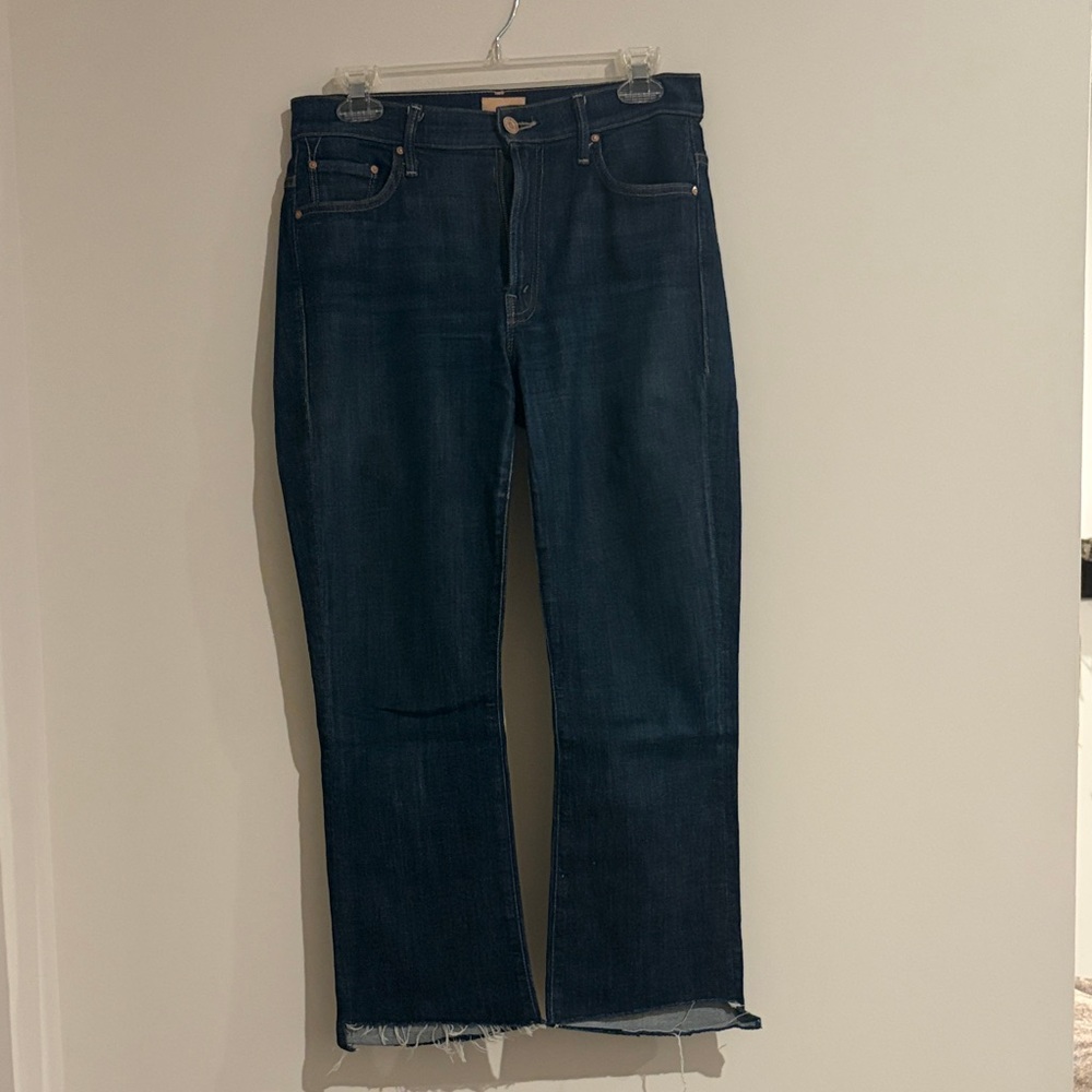 Mother Insider Crop Step Fray Dark Blue Straight Leg Women's Jeans
